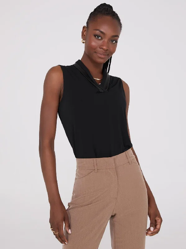 Sleeveless Pleated Faux Leather V-Neck Top