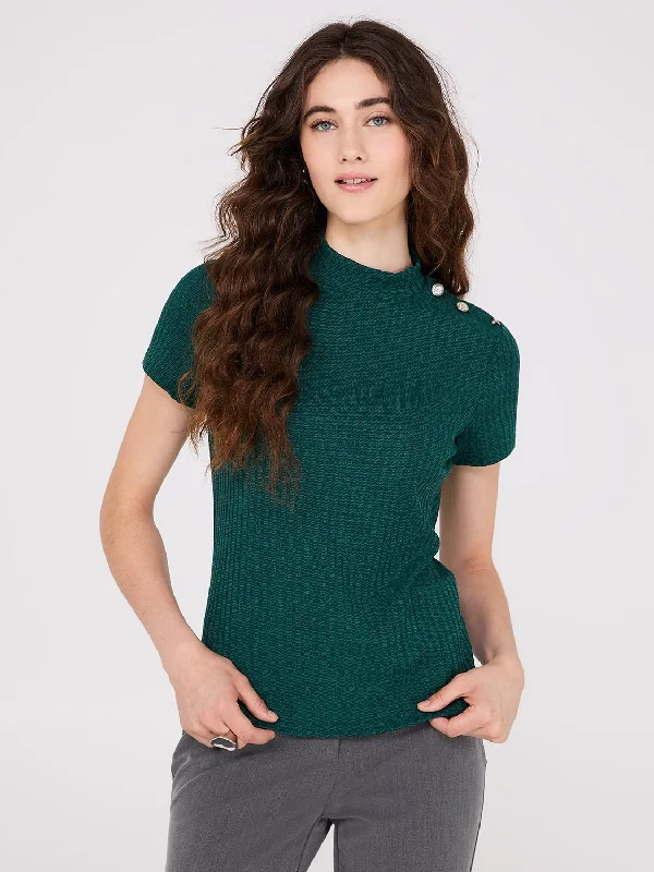 Ribbed Mock Neck Top With Button Details