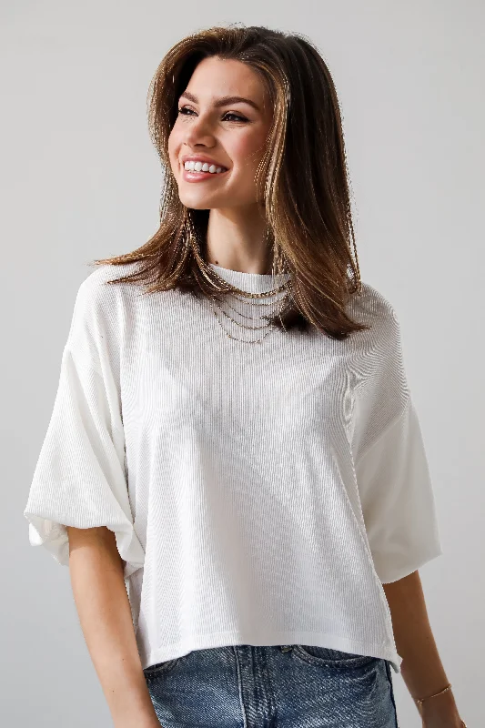 FINAL SALE - Effortless Behavior Ivory Ribbed Puff Sleeve Top