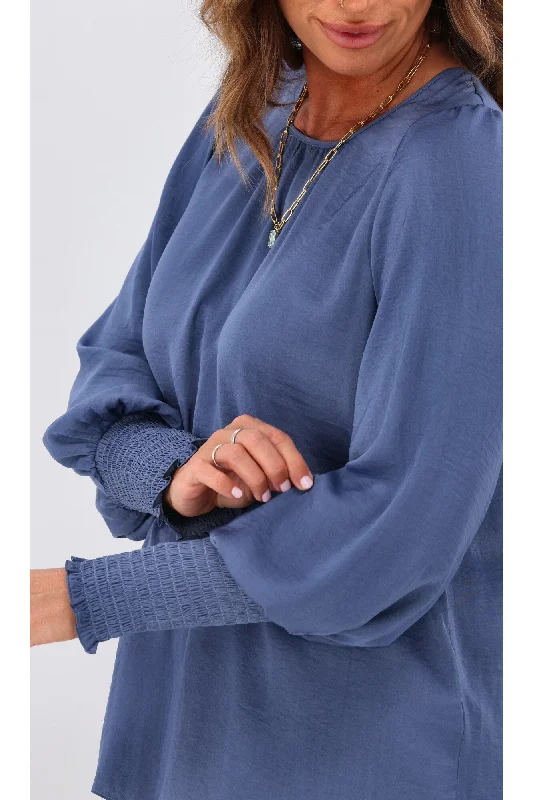 Jane James Madison Puffed Sleeve Blouse Steel Blue