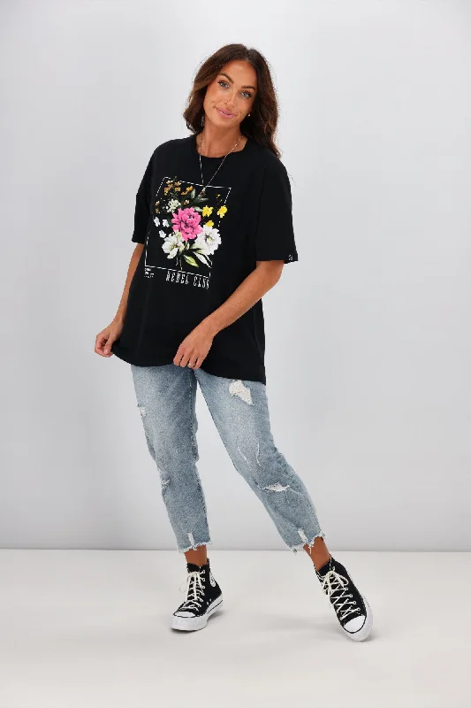 Rebel Club By Shine On Flower Frame Boyfriend Tee Jet Black