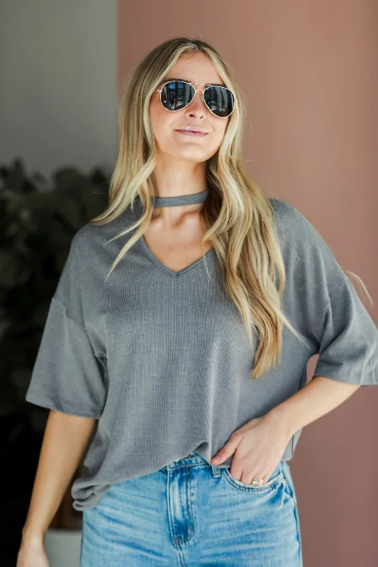 FINAL SALE - Teagan Grey Ribbed Cutout Tee - DU DEAL