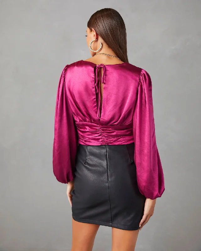 Aubriella Satin Ruched Long Sleeve Top