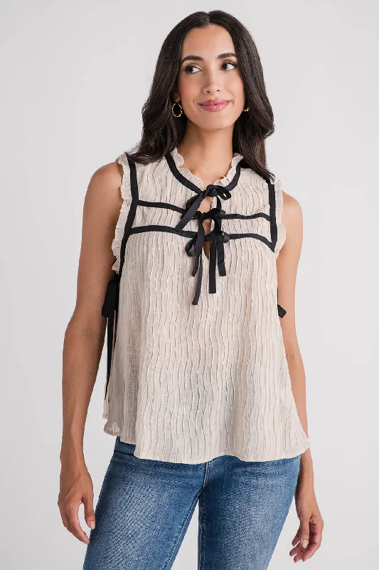 Listicle Plisse Contrast Bows Blouse Top