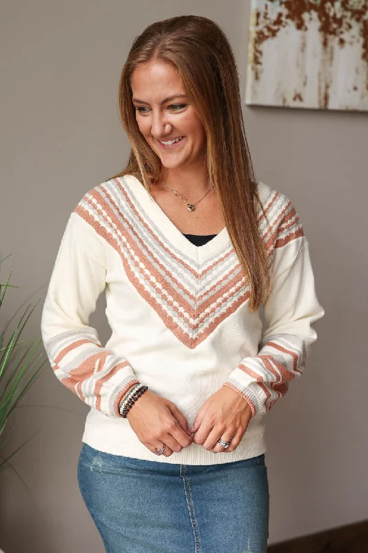 Beige V-Neck Contrast Sweater • S-2XL PLUS