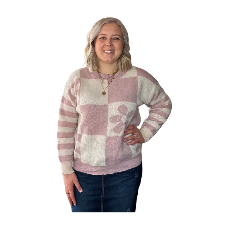 Orchid Petal Checkered Floral Sweater • S-2XL PLUS