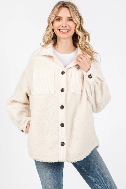 Beige Colorblock Fleece Shirt Jacket