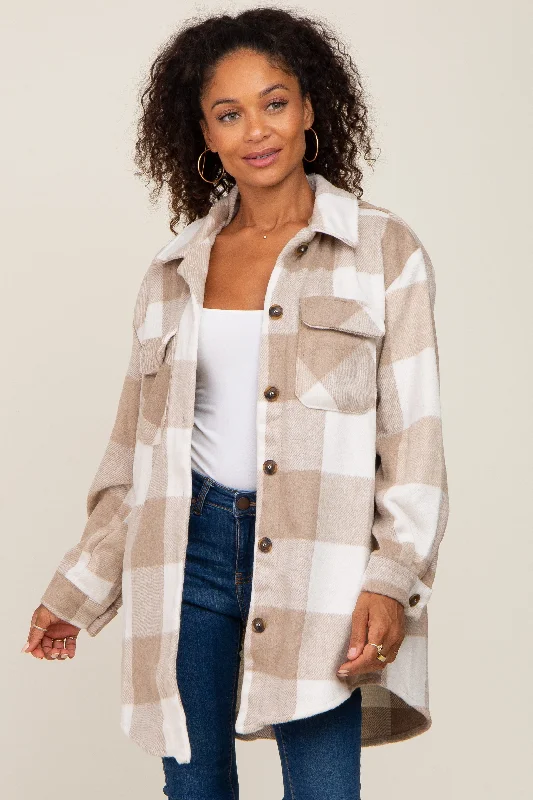 Beige Plaid Brushed Long Shacket