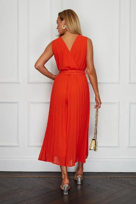 Bella Orange Wrap Front Belted Pleated Jumpsuit