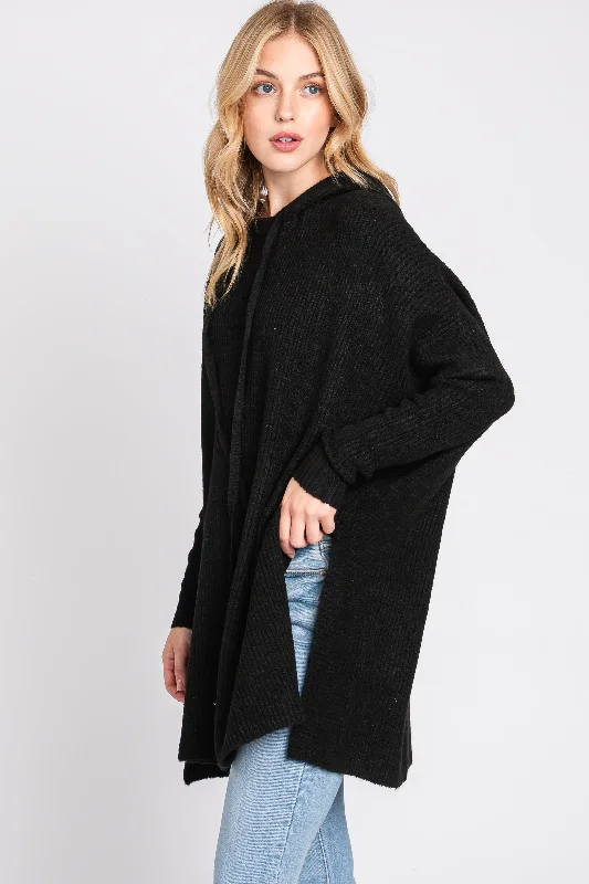 Black Knit Hooded Side Slit Sweater