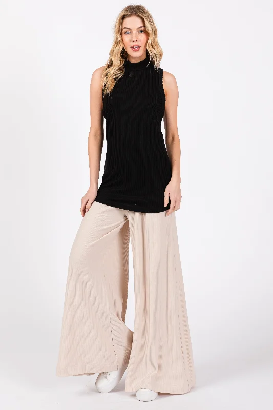 Black Ribbed Mock Neck Sleeveless Top