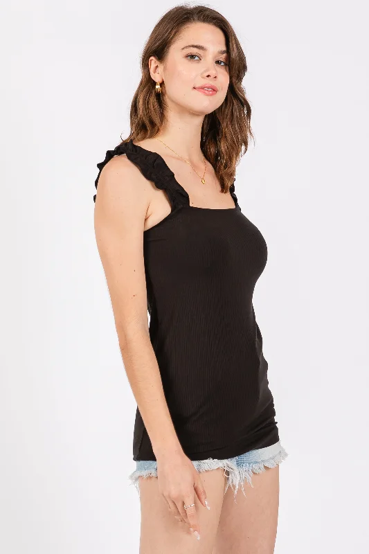 Black Ribbed Ruffle Strap Sleeveless Top