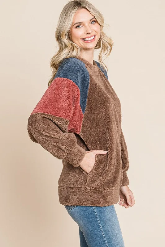 Brown Colorblock Soft Fleece Pullover Sweater