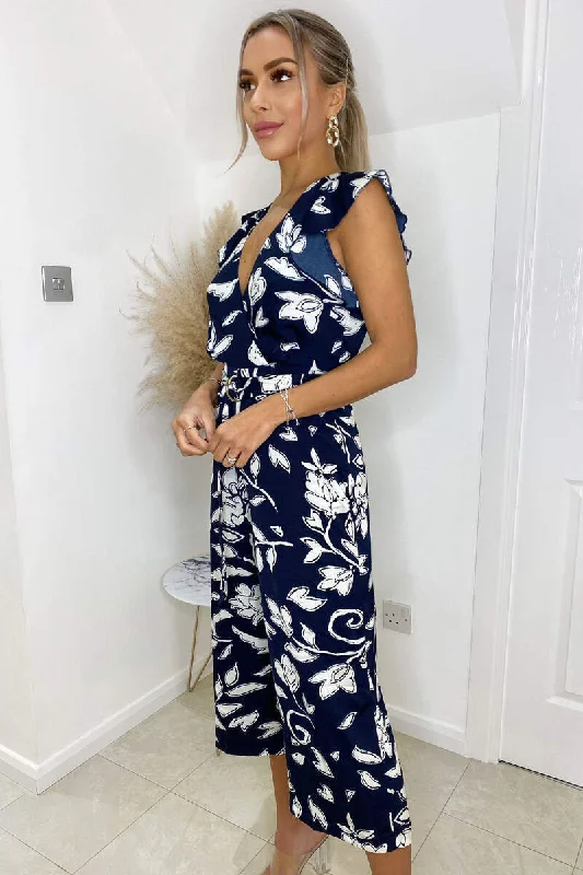 Cera Navy and White Floral Belted Jumpsuit