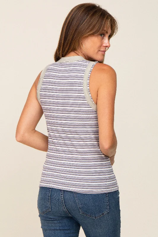 Charcoal Striped Raw Hem Trim Tank Top