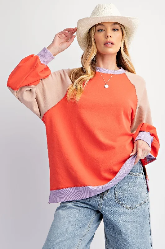 Coral Colorblock Bubble Sleeve Pullover