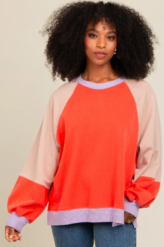 Coral Colorblock Bubble Sleeve Pullover