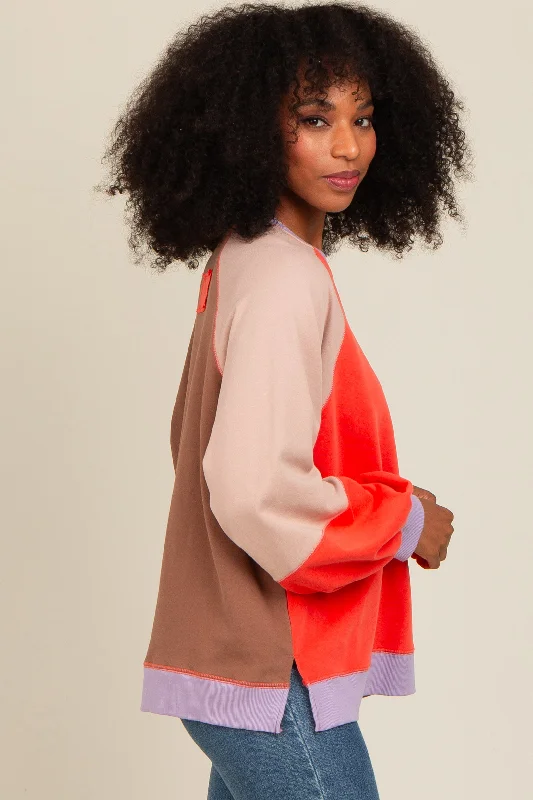 Coral Colorblock Bubble Sleeve Pullover