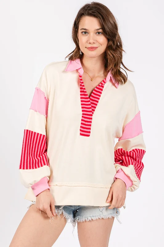 Cream Colorblock Striped Long Sleeve Top