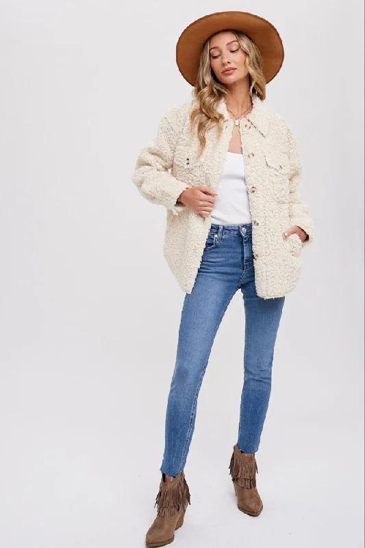 Cream Fuzzy Knit Shirt Jacket