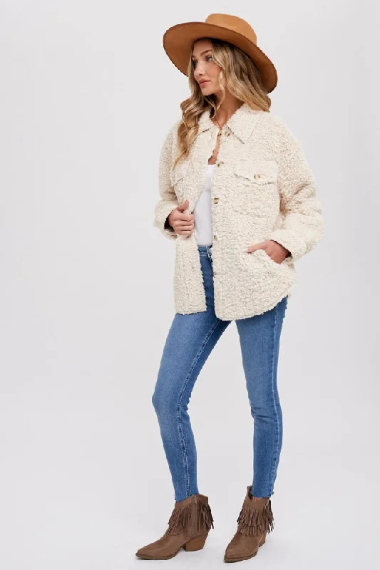 Cream Fuzzy Knit Shirt Jacket