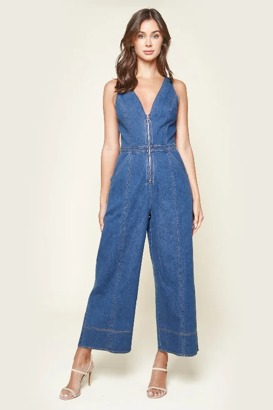 Far Out Denim Zip Front Jumpsuit