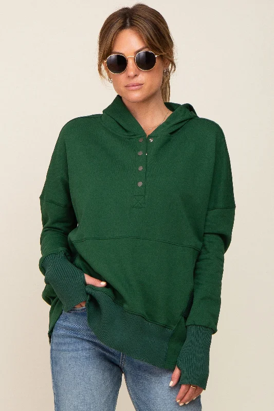 Forest Green Button Front Ribbed Trim Hooded Sweatshirt