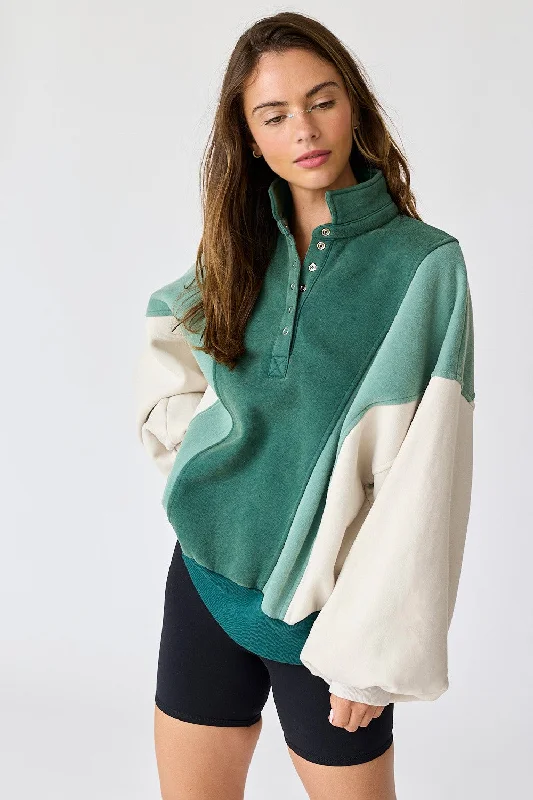 Forest Green Colorblock Snap Button Polo Sweatshirt