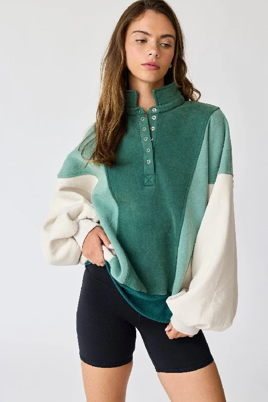 Forest Green Colorblock Snap Button Polo Sweatshirt