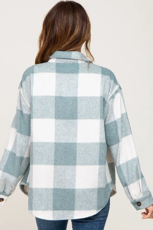 Green Plaid Knit Shirt Jacket