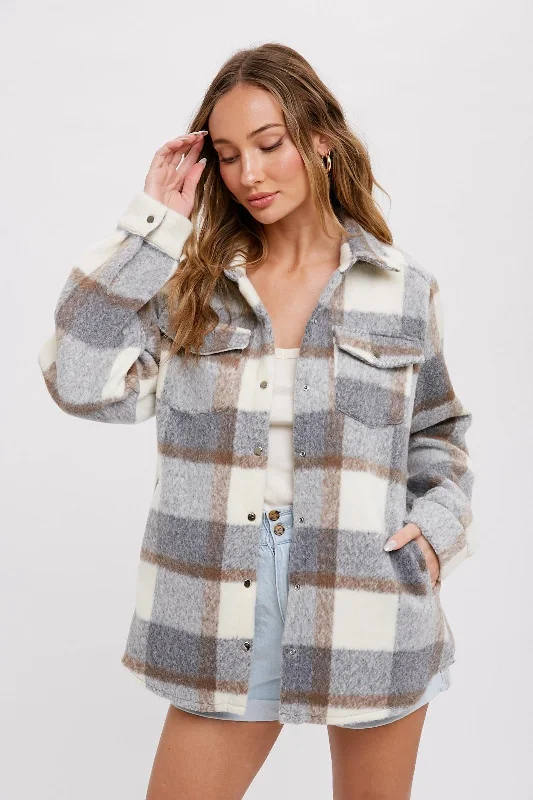 Grey Plaid Fleece Shirt Jacket