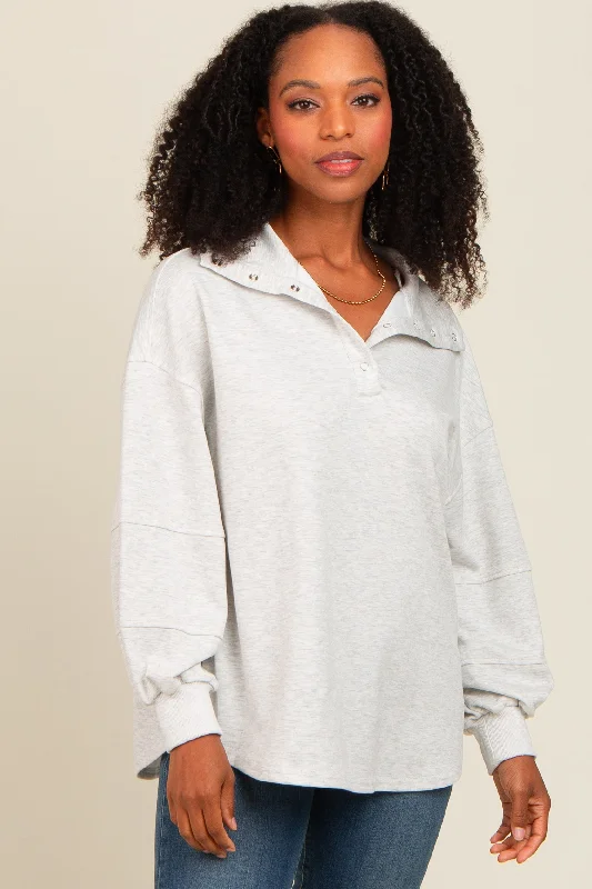 Heather Grey Snap Collar Oversized Pullover