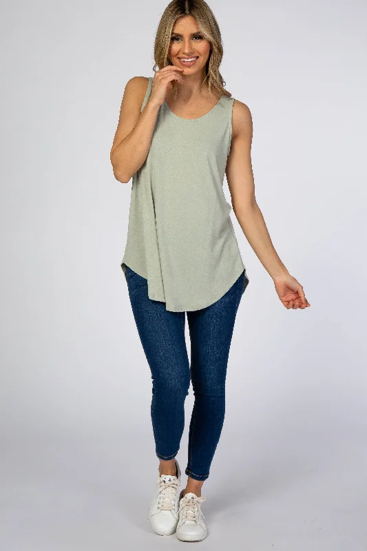 Light Olive Rounded Hem Sleeveless Top