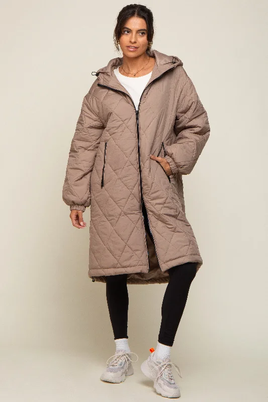 Light Taupe Quilted Long Puffer Jacket