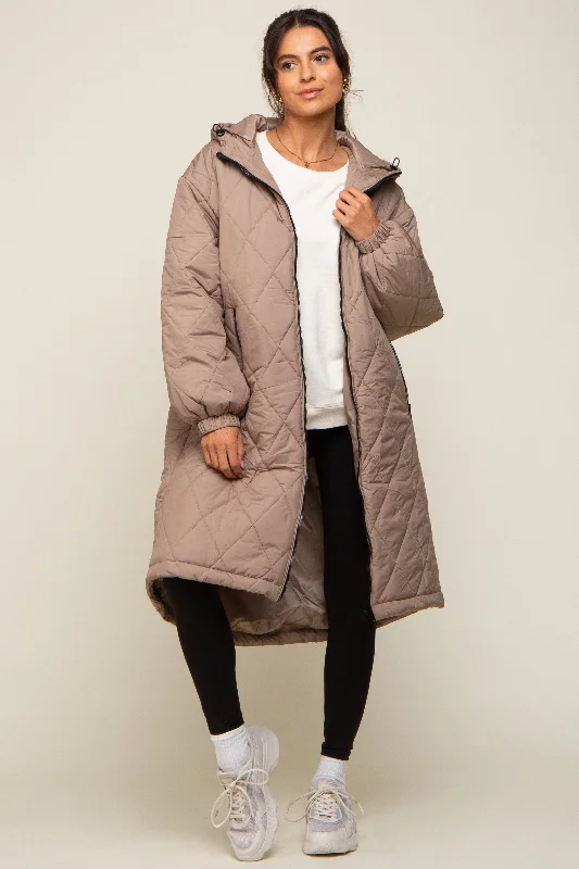 Light Taupe Quilted Long Puffer Jacket