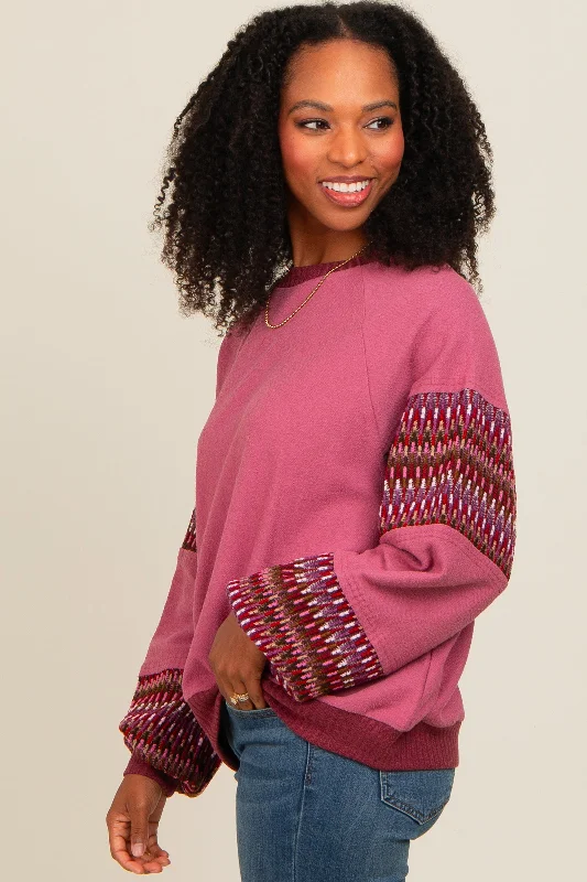 Mauve Knit Contrast Sleeve Pullover