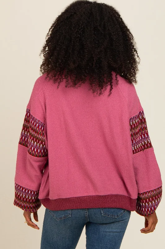 Mauve Knit Contrast Sleeve Pullover