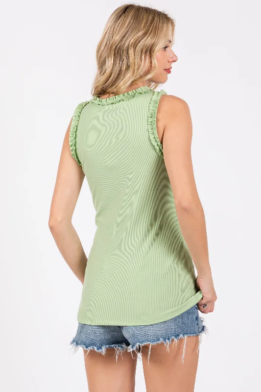 Mint Rib Knit Ruffle Trim Sleeveless Top