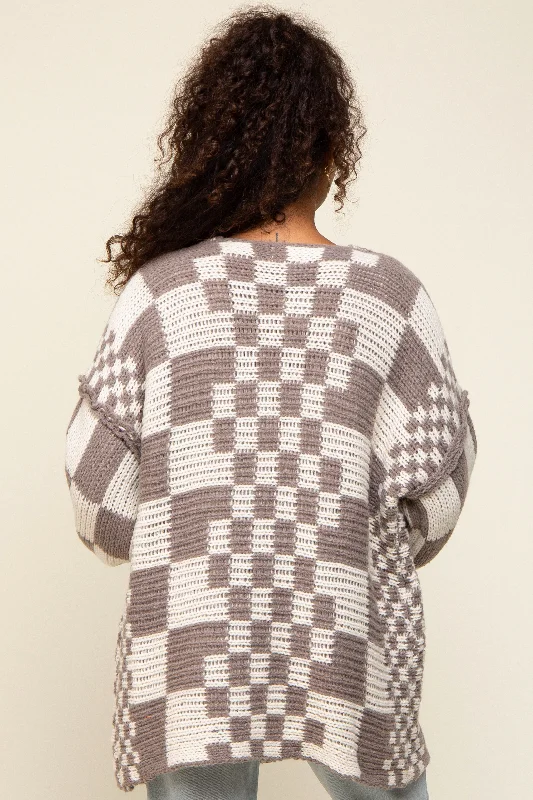 Mocha Checkered Oversized Chunky Knit Cardigan