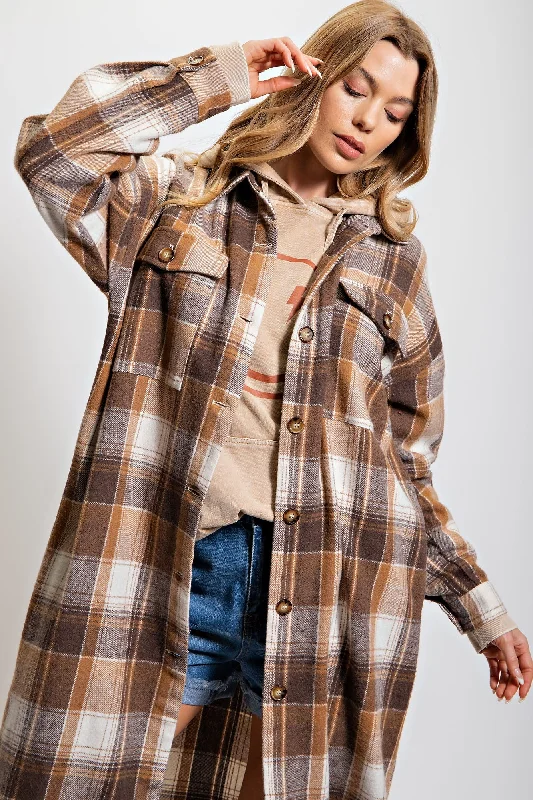 Mocha Plaid Button Front Long Coat