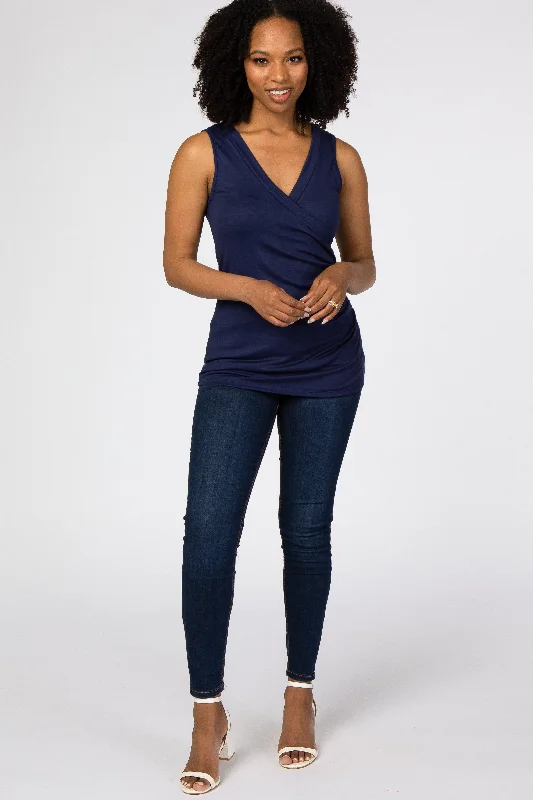 Navy Crossover Ruched Nursing Tank