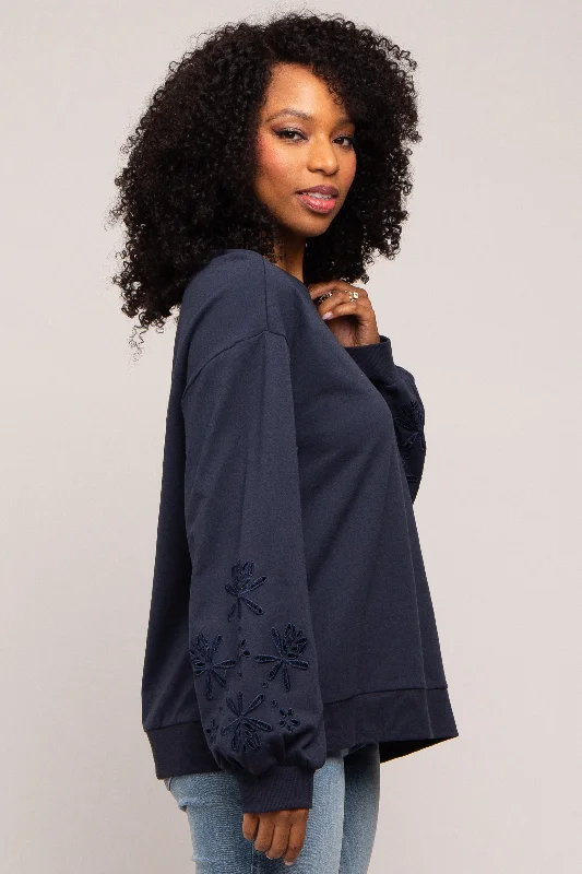 Navy Embroidered Long Sleeve Top