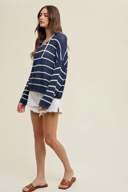 Navy Striped Open Knit Hooded Long Sleeve Top