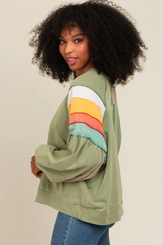 Olive Colorblock Bubble Sleeve Pullover