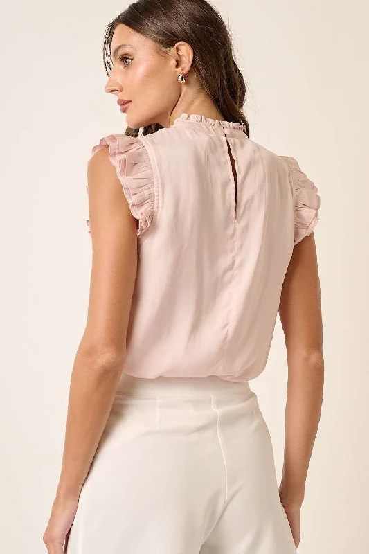 Pink Satin Ruffle Detail Short Sleeve Blouse