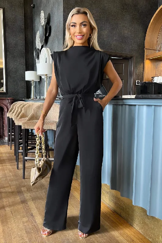 Reenie Black Tie Waist Wide Leg Jumpsuit