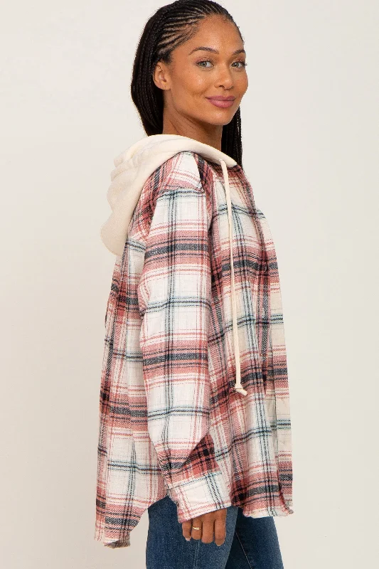 Rust Plaid Hooded Shirt Jacket