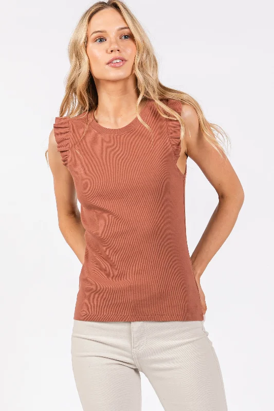 Rust Ribbed Ruffle Shoulder Tank Top