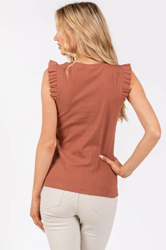 Rust Ribbed Ruffle Shoulder Tank Top