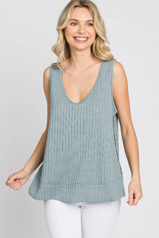 Slate Blue Ribbed Raw Hem Tank Top